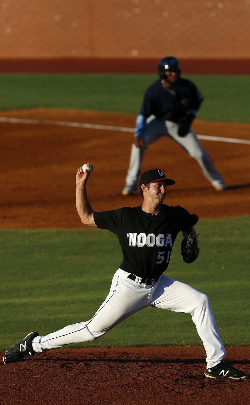 Lookouts pitcher Sean Poppen throws against the Mobile BayBears at AT&T Field earlier this month. Poppen and the Lookouts take on the Biloxi Shuckers in a six-game home stand beginning tonight at AT&T Field. (Staff photo by C.B. Schmelter)