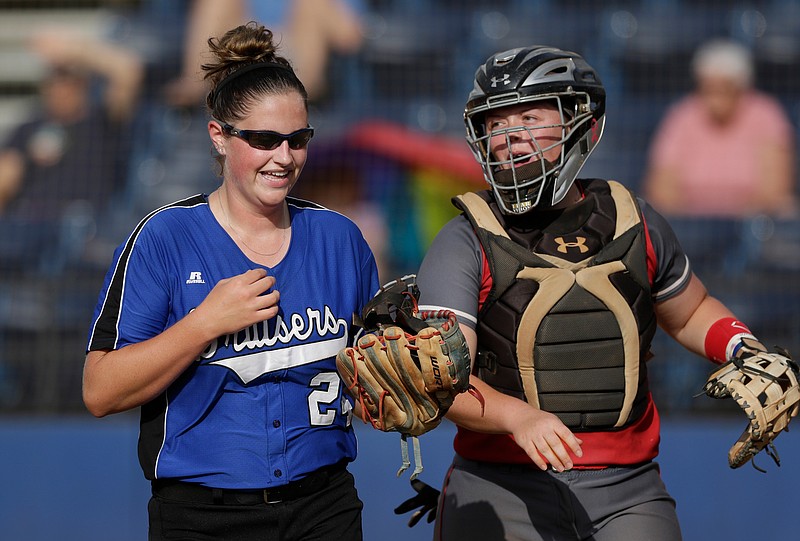 GPS's Shelby Walters, left, jokes with Baylor's Kamrie Rich as they return to the dugout during the Tennessee-Georgia all-star softball game at Frost Stadium on Tuesday, June 19, 2018, in Chattanooga, Tenn. 