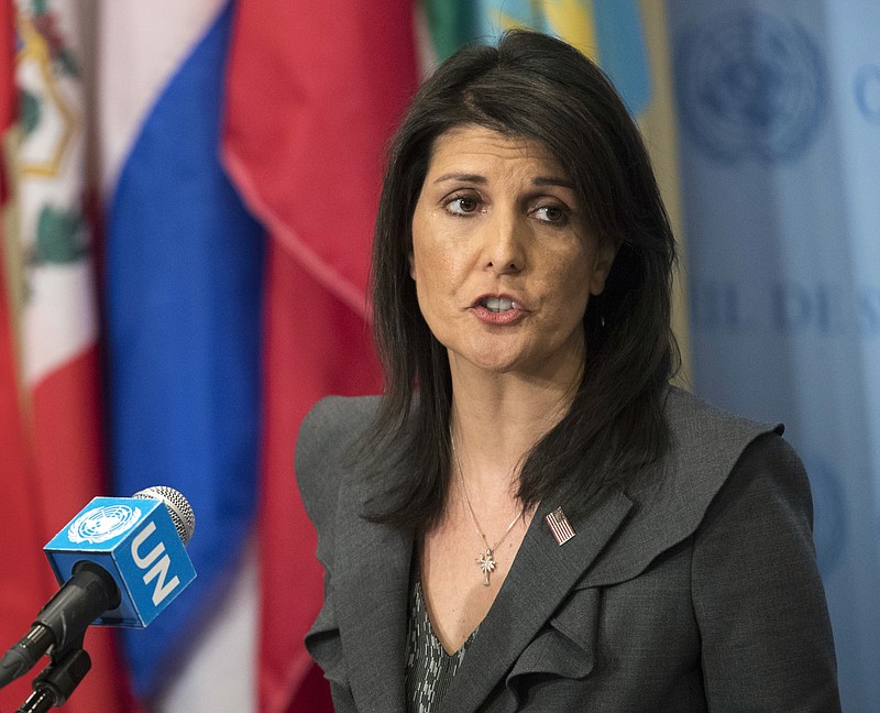 FILE - In this Jan. 2, 2018, file photo, United States Ambassador to the United Nations Nikki Haley speaks to reporters at United Nations headquarters. 