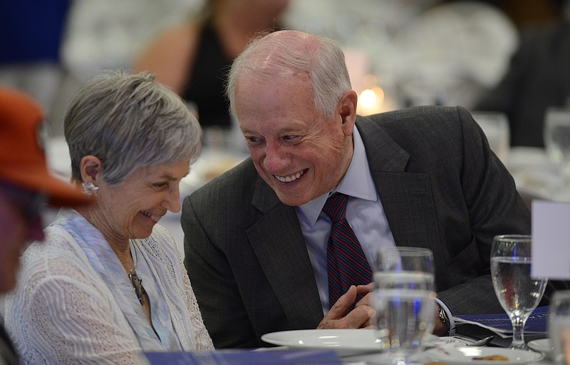 Former Governor of Tennessee Phil Bredesen and former First Lady of Tennessee Andrea Conte share a laugh during the Tennessee Democratic Party Three Star Dinner at the Wilson County Expo Center in Lebanon on June 16, 2018.