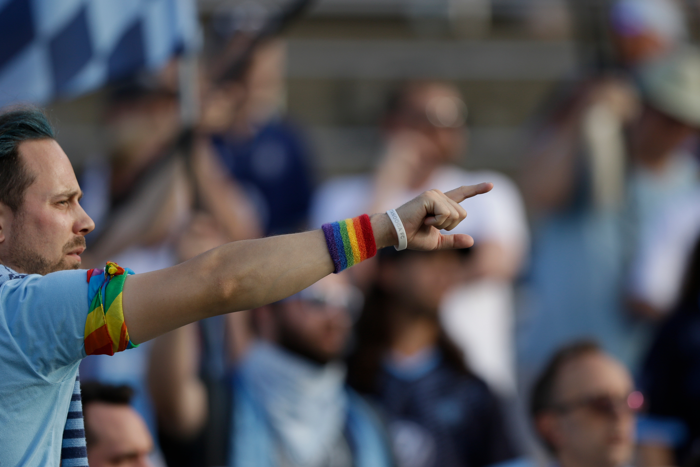 Chattahooligan Galen Riley wears rainbow clothing for the Prideraiser fundraiser, which raises money for every home CFC goal in the month of June, during Chattanooga FC's soccer match against the Atlanta Silverbacks at Finley Stadium on Wednesday, June 20, 2018, in Chattanooga, Tenn.