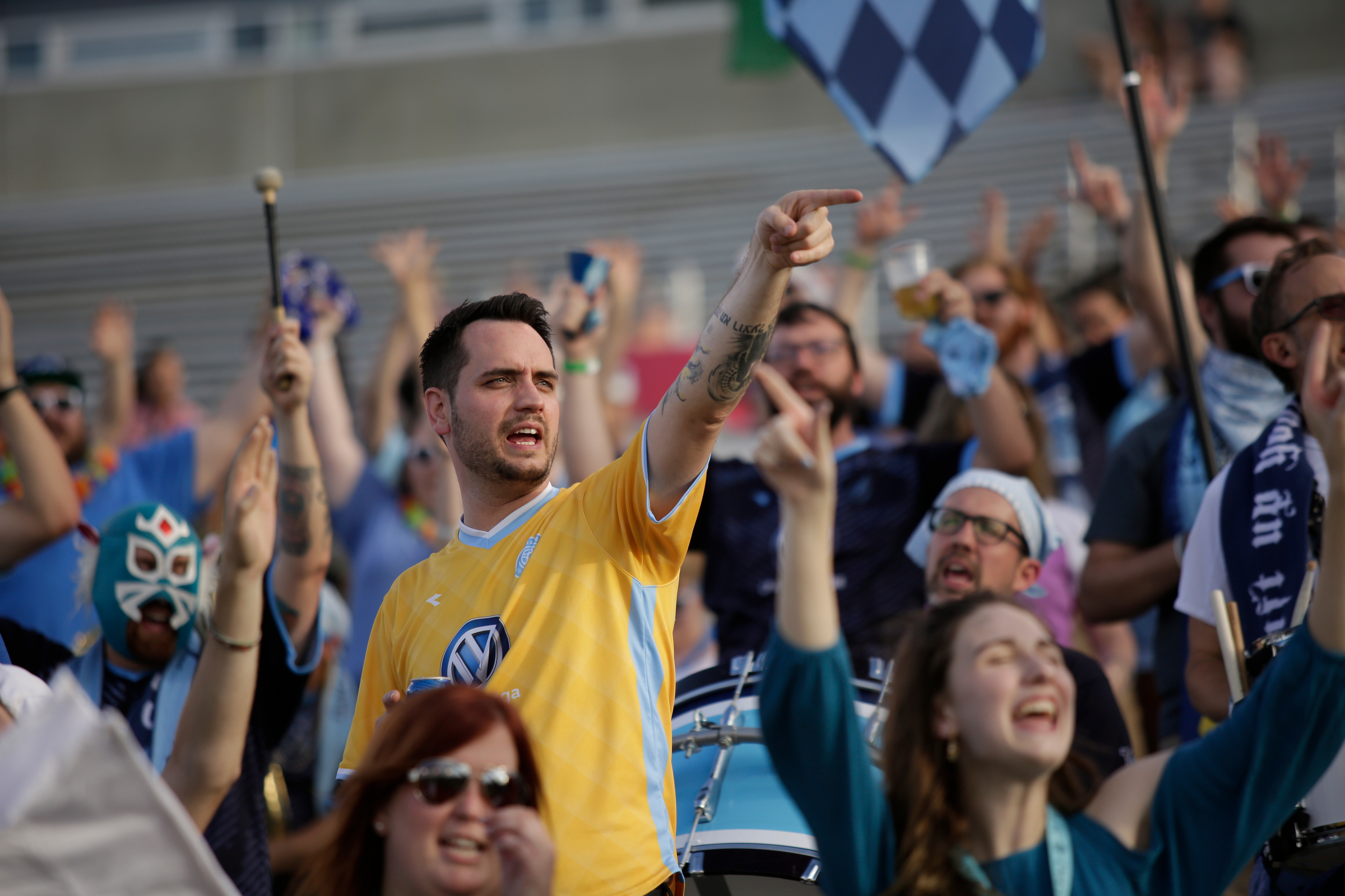 Chattahooligans cheer during Chattanooga FC's soccer match against the Atlanta Silverbacks at Finley Stadium on Wednesday, June 20, 2018, in Chattanooga, Tenn.