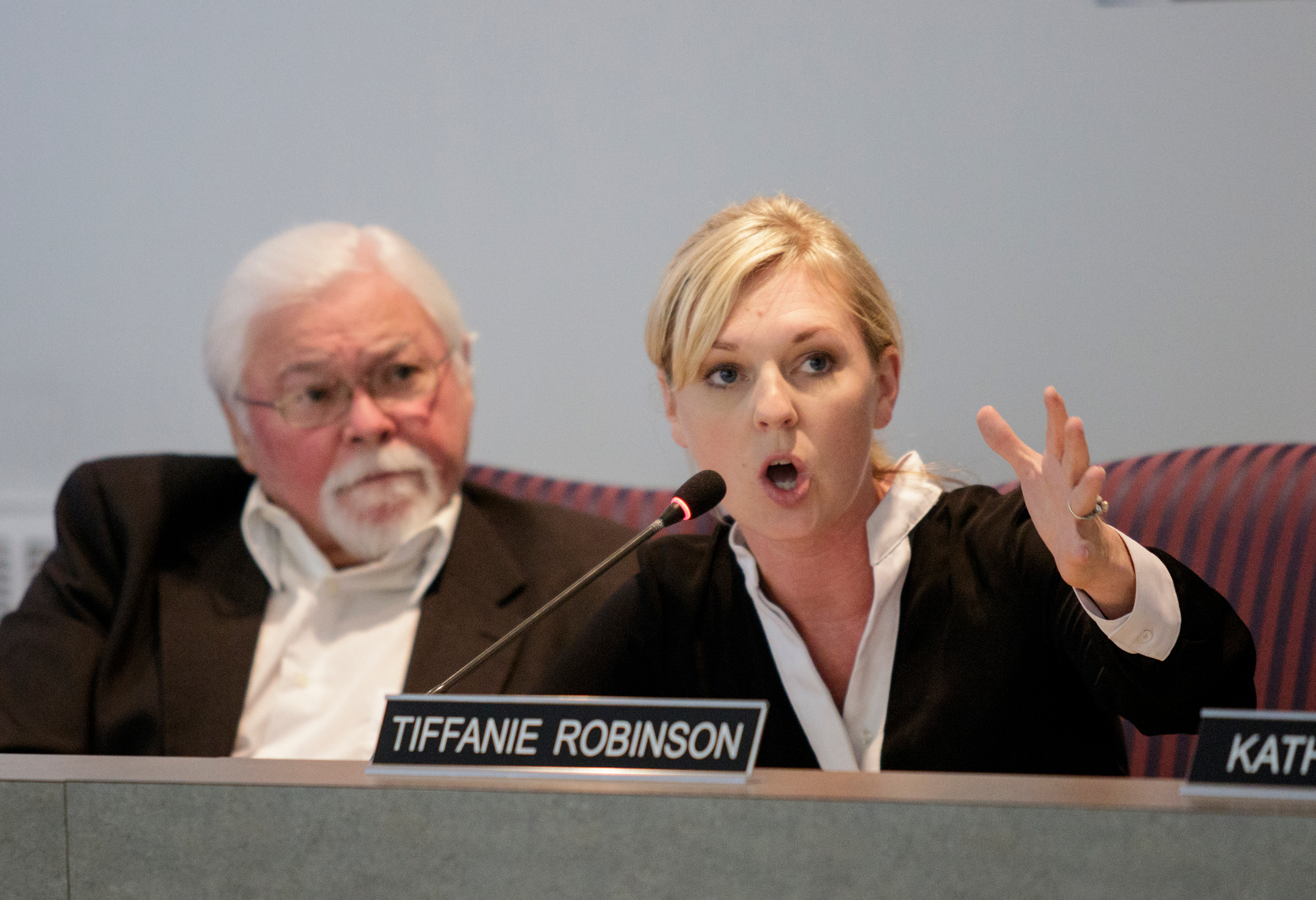 Board member Tiffanie Robinson, right, speaks next to board member David Testerman amid a discussion about equity in the school system during a Hamilton County Board of Education work session on Thursday, June 21, 2018, in Chattanooga, Tenn.