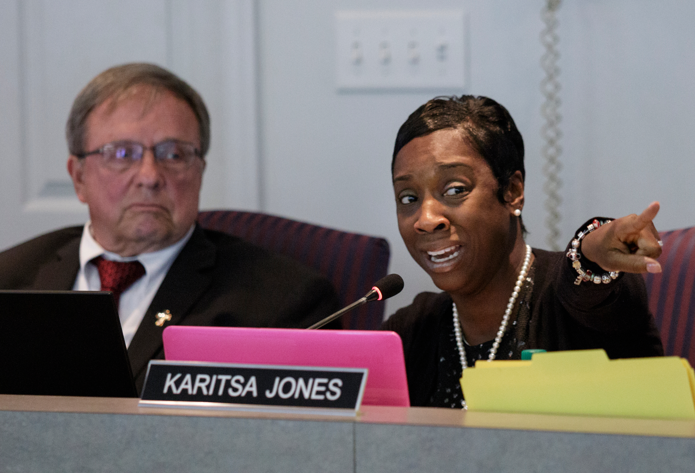 Board member Karitsa Mosley Jones, right, speaks next to board chairman Steve Highlander amid a discussion about equity in the school system during a Hamilton County Board of Education work session on Thursday, June 21, 2018, in Chattanooga, Tenn.