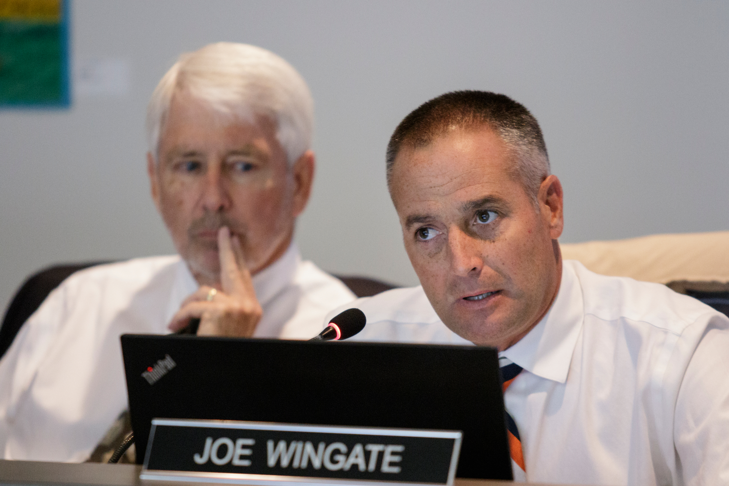 Board member Joe Wingate, right, speaks next to board member Joe Galloway amid a discussion about equity in the school system during a Hamilton County Board of Education work session on Thursday, June 21, 2018, in Chattanooga, Tenn.