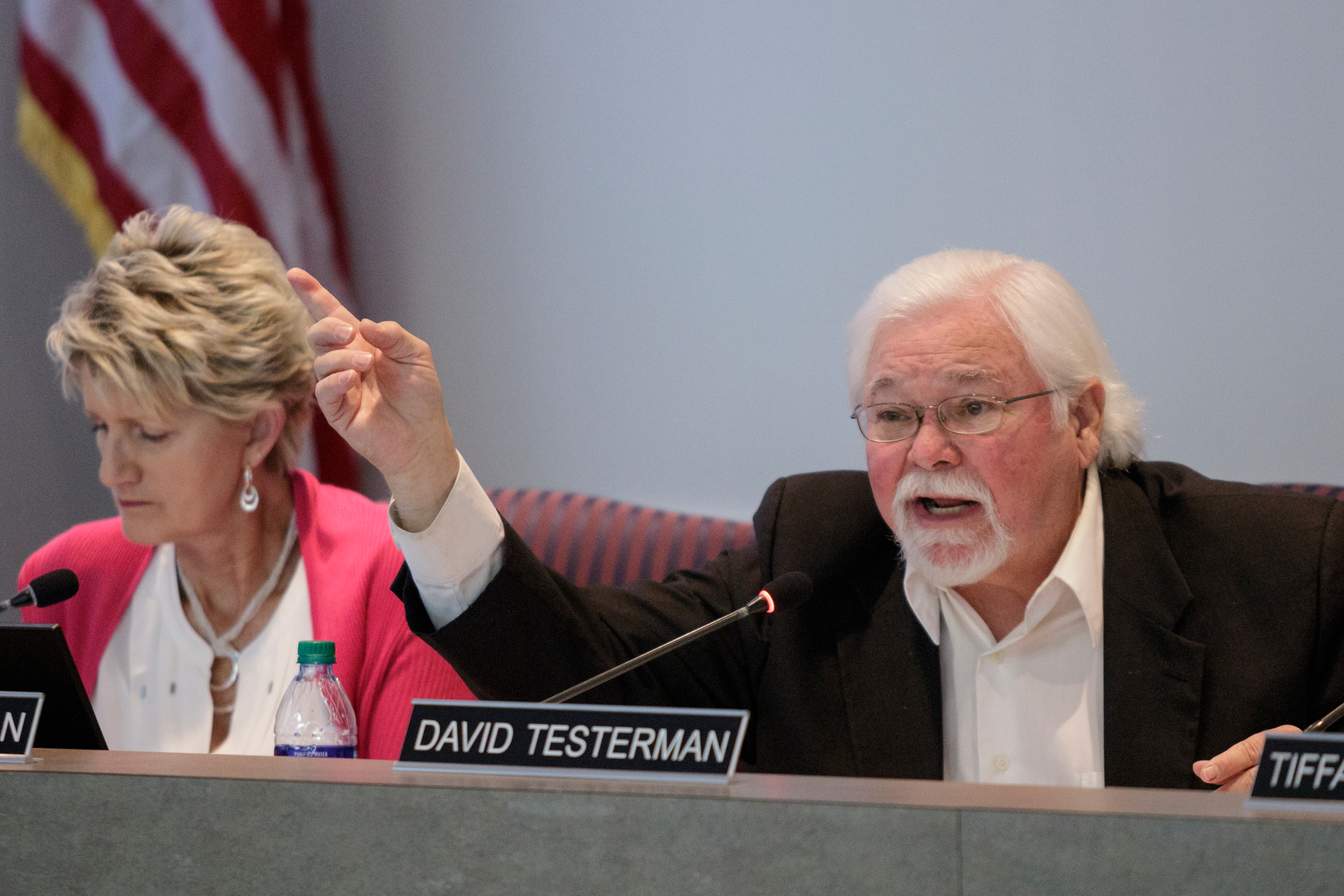 Board member David Testerman, right, speaks next to board member Rhonda Thurman amid a discussion about equity in the school system during a Hamilton County Board of Education work session on Thursday, June 21, 2018, in Chattanooga, Tenn.
