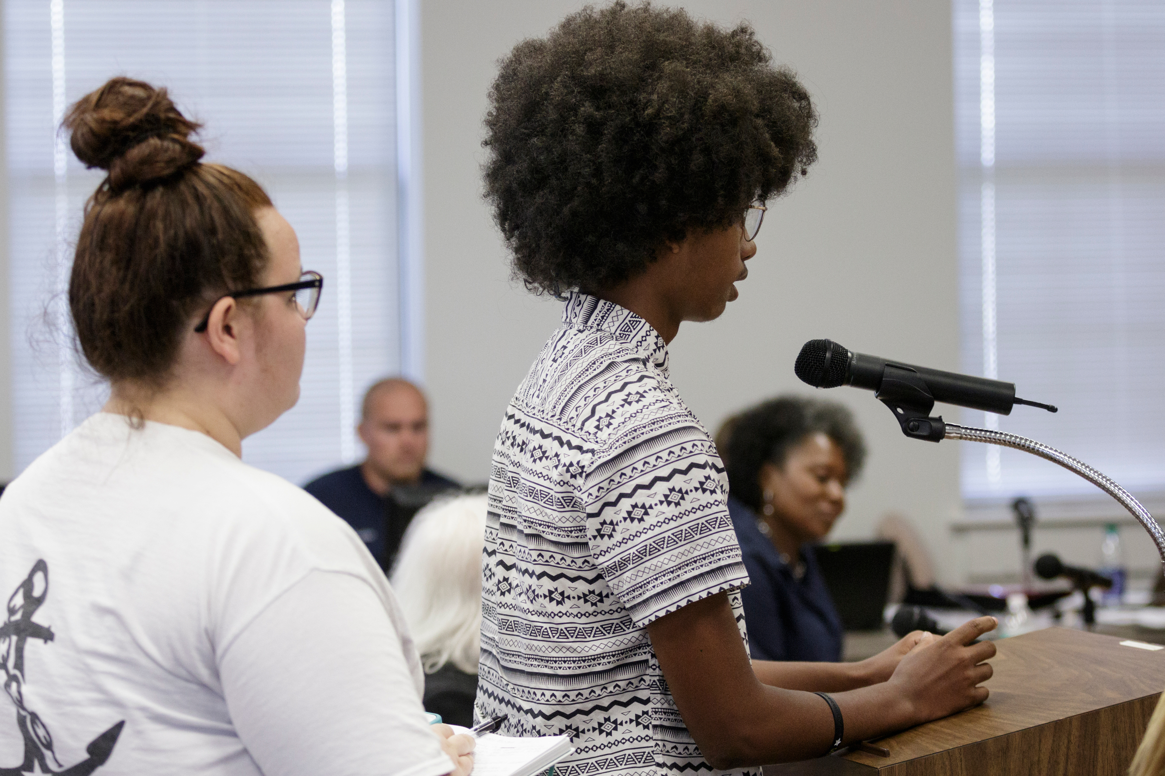 Red Bank student Christopher Smith, right, and Lookout Valley student Kadijah Tinker address the board about inequity in schools during a Hamilton County Board of Education meeting on Thursday, June 21, 2018, in Chattanooga, Tenn.
