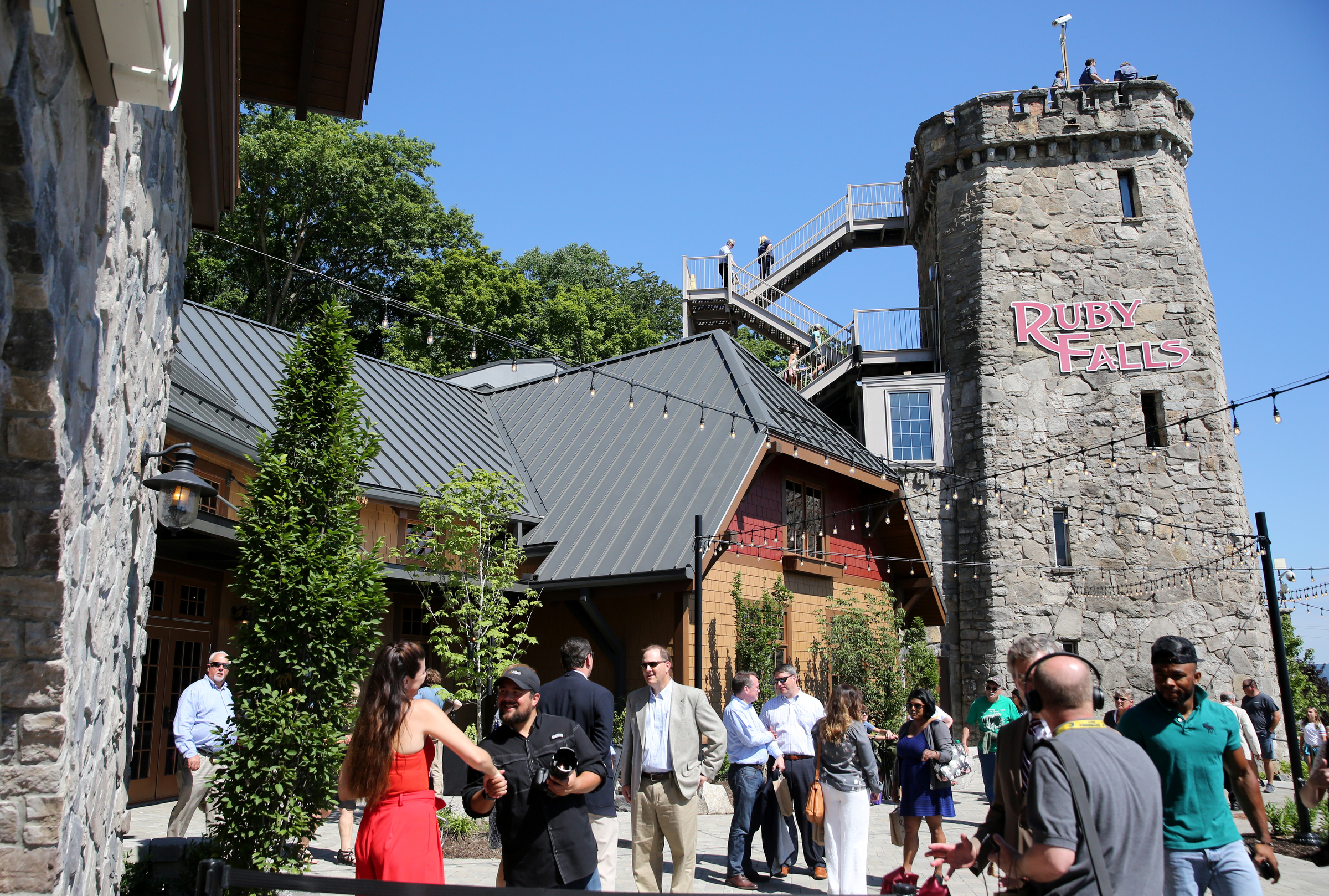Visitors stand in a plaza area at Ruby Falls Friday, June 22, 2018 on Lookout Mountain in Tennessee. The planning for the expansion started about six years ago, and the first phase unveiled Friday.