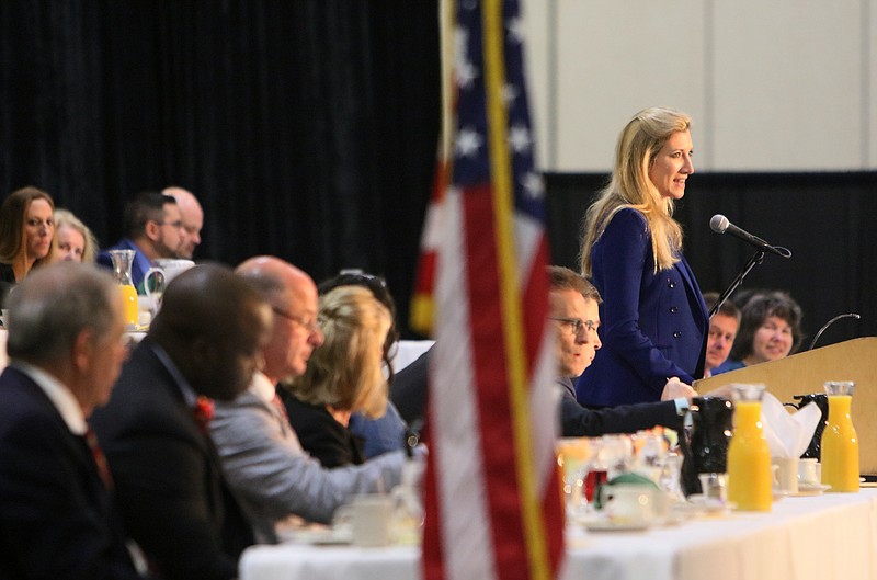 Christy Gillenwater, president and CEO of the Chattanooga Area Chamber of Commerce, welcomes guests to the 40th Chattanooga Area Leadership Prayer Breakfast at the Chattanooga Convention Center on Tuesday, May 1, 2018, in Chattanooga, Tenn.