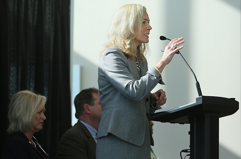 Rebecca Ashford, the President of Chattanooga State Community College, welcomes guests during the dedication of Chattanooga State's Erlanger Health Science Center Monday, June 25, 2018 at Chattanooga State Chattanooga, Tennessee. The health science center is a 99,000 square foot state-of-the-art facility.