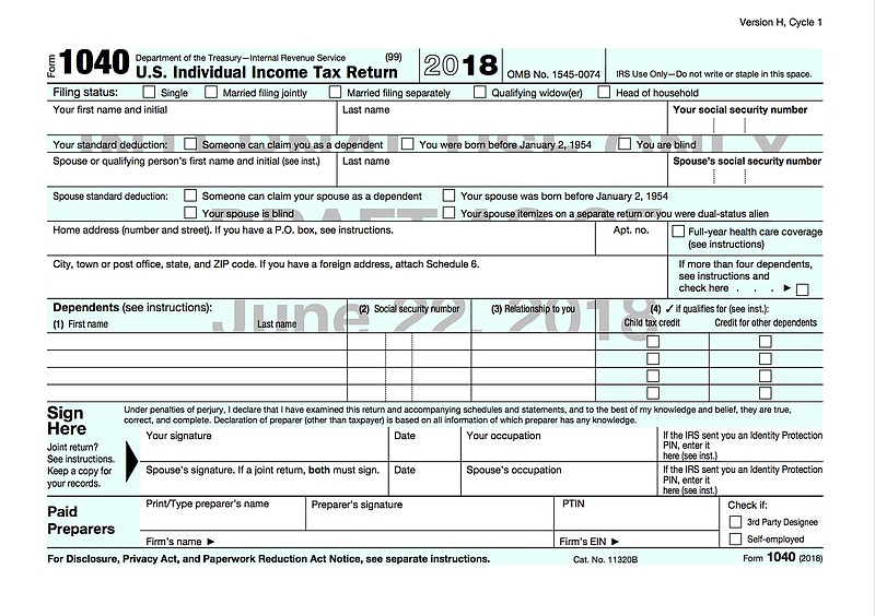 This image shows the front of the draft copy of the new 1040 income tax form. The draft given to The Associated Press by a staffer on the Ways & Means Committee shows that the form will be reduced from two full pages to one double-sided half page. (IRS via AP)