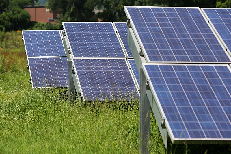 An array of solar panels are pictured on Baylor School's campus June 26, 2018 in Chattanooga, Tennessee.