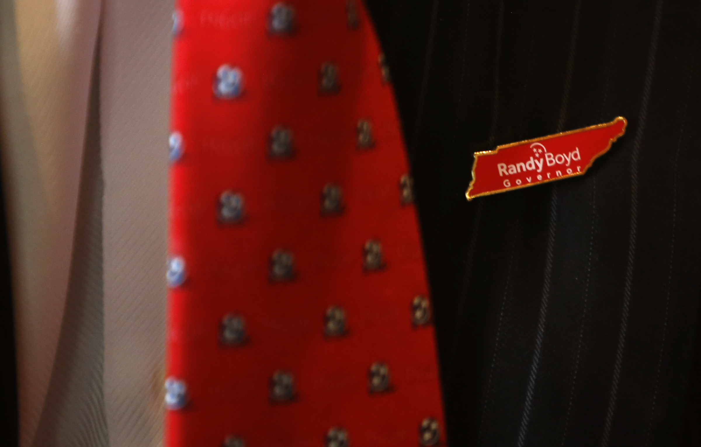 Gubernatorial candidate Randy Boyd sports Tennessee lapel pin as he speaks with the Times Free Press before the Hamilton County Republican Party's annual Lincoln Day Dinner at The Chattanoogan on Friday, April 27, 2018 in Chattanooga, Tenn.
