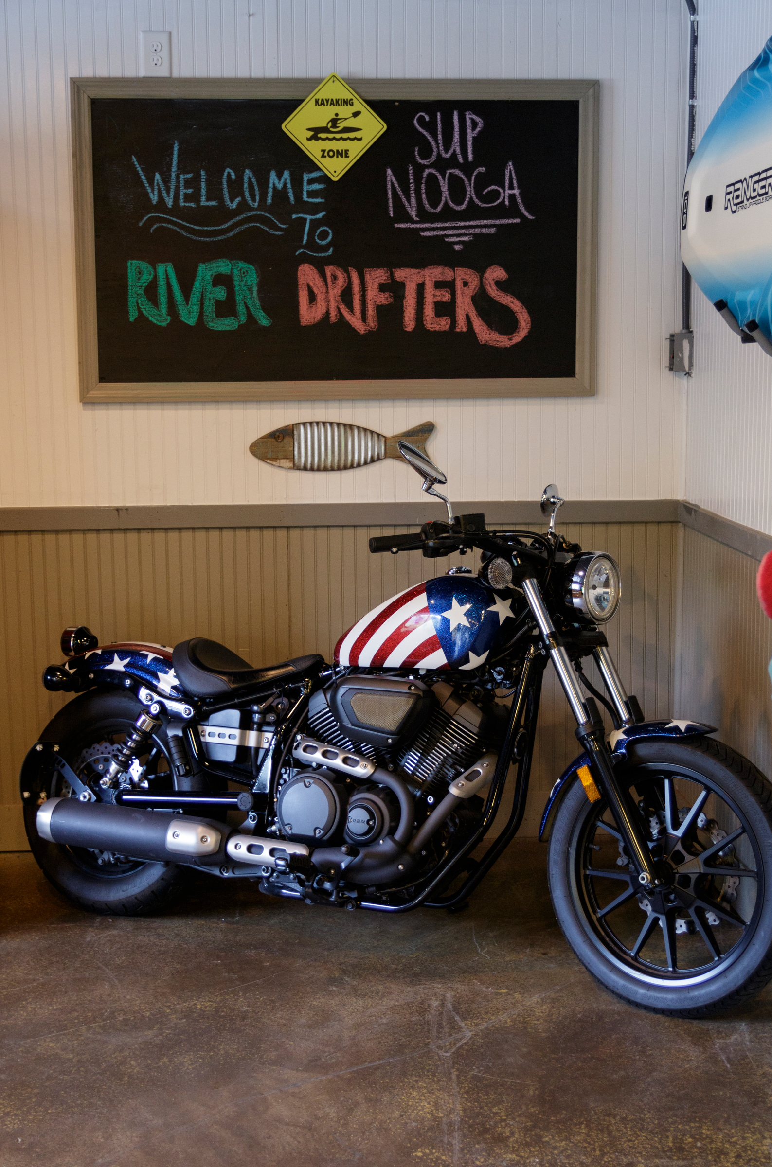 A motorcycle is seen in the River Drifters Bar & Grill on Wednesday, June 27, 2018, in Chattanooga, Tenn. The new restaurant and paddle rental spot on Suck Creek Road opens July 2.