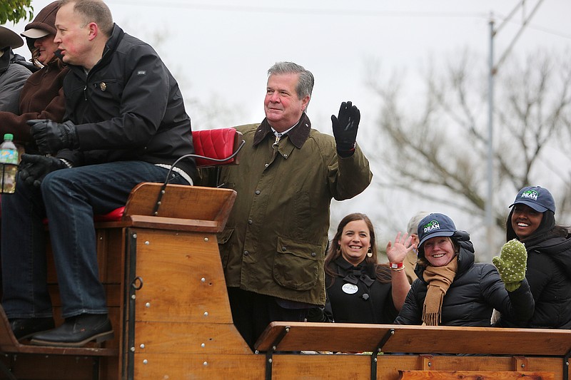 Karl Dean waves to onlookers during the Mule Day parade Saturday, April 7, 2018 in Columbia, Tenn. Dean, who is the former mayor of Nashville, is a democratic candidate running for the Tennessee governor seat. 