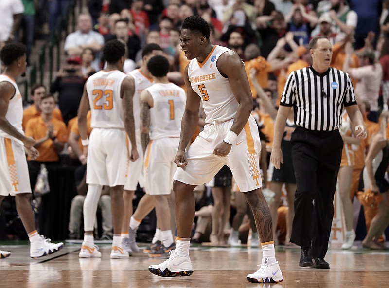 Tennessee forward Admiral Schofield celebrates his basket late in the second half of a second-round game against Loyola-Chicago at the NCAA tournament last season. Loyola won 63-62 to end the Vols' season.
