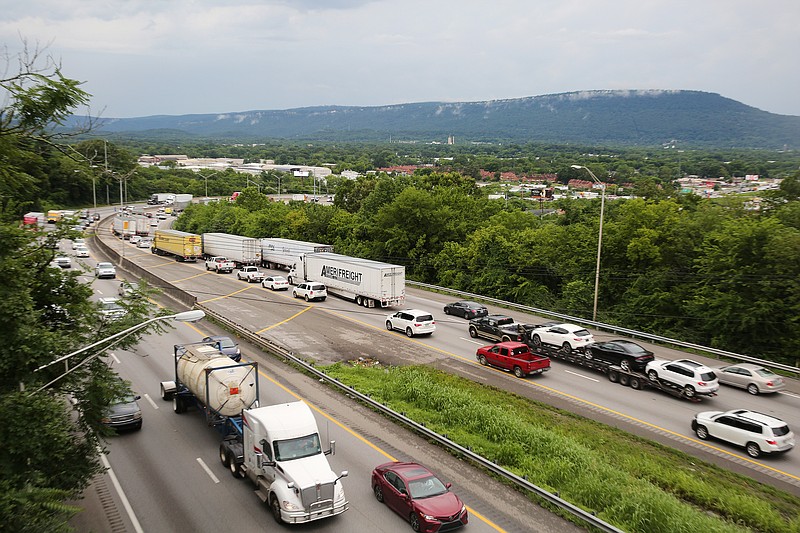 Heavy traffic hits both eastbound and westbound commuters along Interstate 24 Thursday, June 28, 2018 in Chattanooga, Tennessee. 