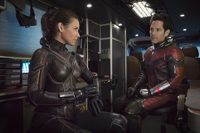 This image released by Marvel Studios shows Evangeline Lilly, left, and Paul Rudd in a scene from "Ant-Man and the Wasp." (Disney/Marvel Studios via AP)