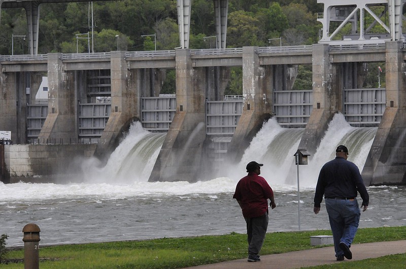 In this April 24, 2018, staff file photo, Chickamauga Dam spillways dump water from Chickamauga Lake into the Tennessee River following two days of heavy rain.
