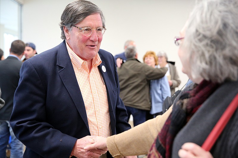 Craig Fitzhugh speaks with Rosemary Crabtree at the Coffee County Candidate Jamboree Saturday, April 7, 2018 in Manchester, Tenn. Fitzhugh is a member of the Tennessee House of Representatives, representing the 82nd District, and is a democratic candidate running for the Tennessee gubernatorial seat. 