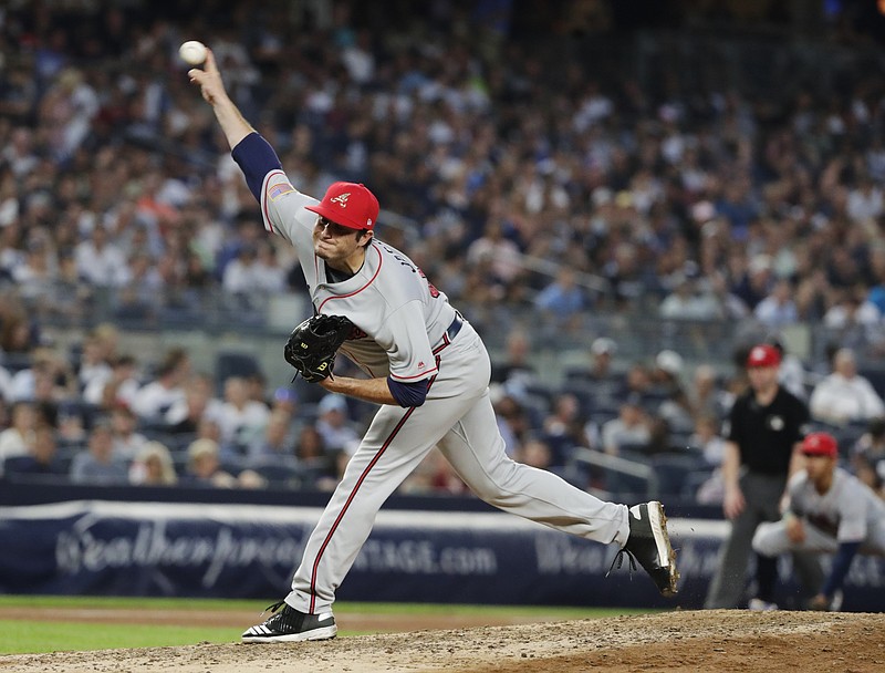 Atlanta Braves' Luke Jackson delivers a pitch during the third inning against the New York Yankees in a baseball gameTuesday, July 3, 2018, in New York. (AP Photo/Frank Franklin II)

