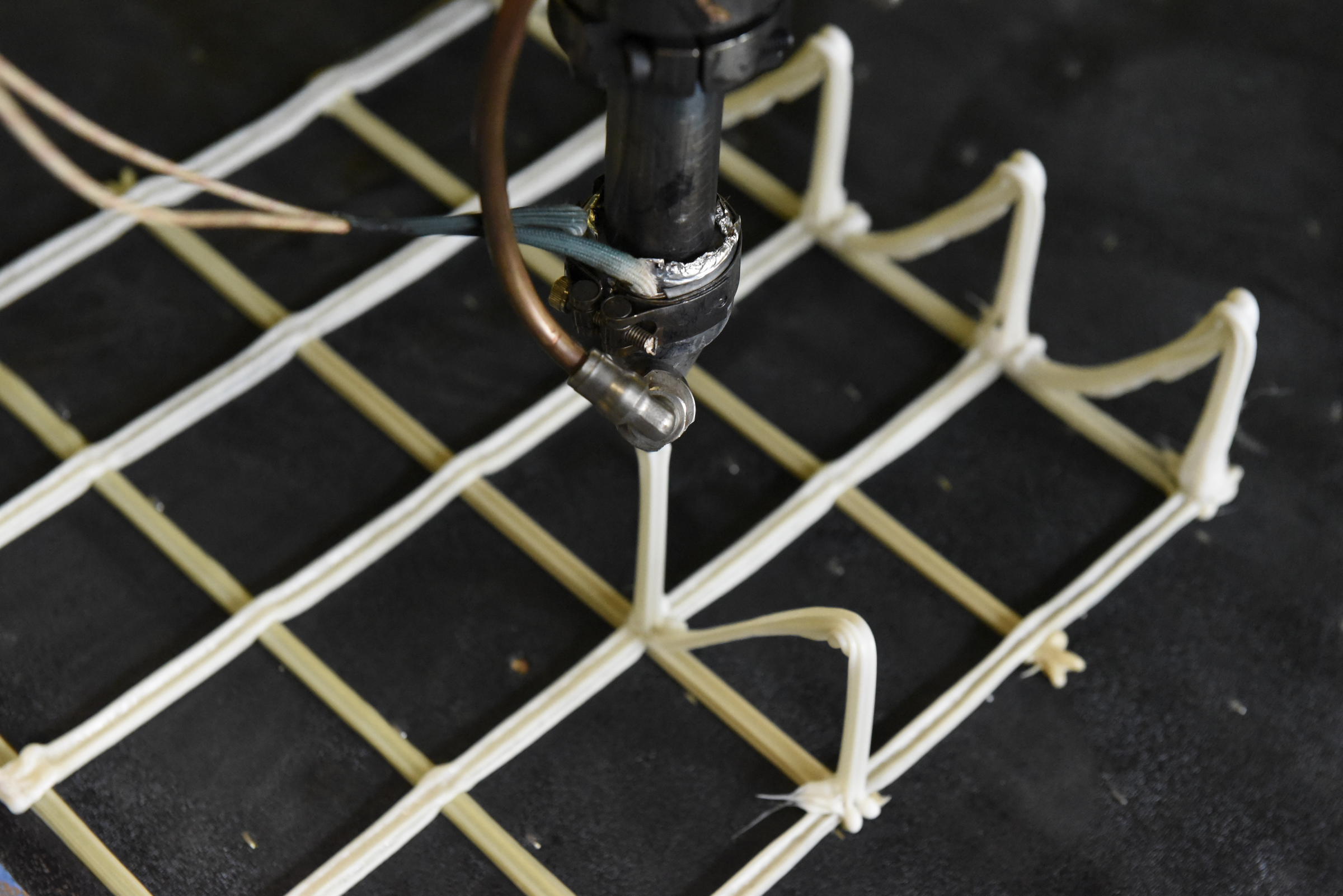 Seen on Wednesday, Nov. 4, 2015, at the Business Development Center in Chattanooga, Tenn., this 3D printer designed and built by Branch Technology builds a grid structure. Unlike 3D printers that work in layers, this printer combines industrial robotics and 3D printing to make structural components used in high-end architecture.