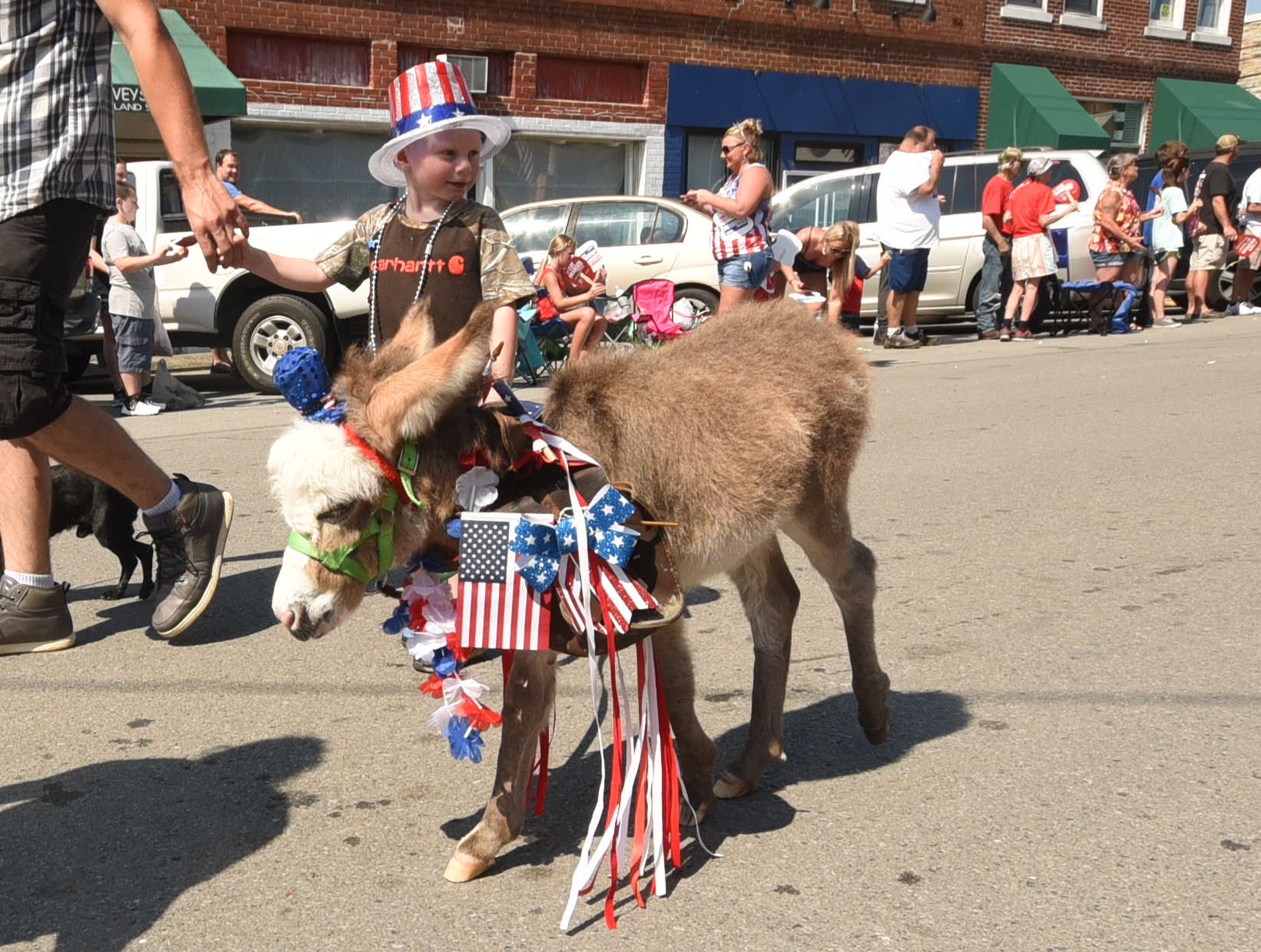 Levi Crow walks with his four-month-old donkey, Isabel, in the annual Fourth of July parade on Cherry Street in downtown Dunlap.