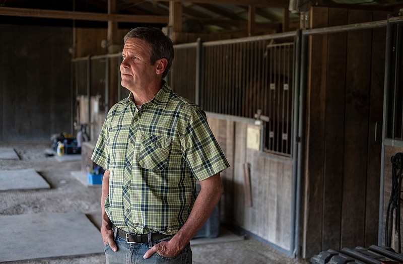 Republican candidate for governor Bill Lee poses for a portrait near horse boarding stables at his family farm on Saturday, May 12, 2018, in Franklin, Tenn. 