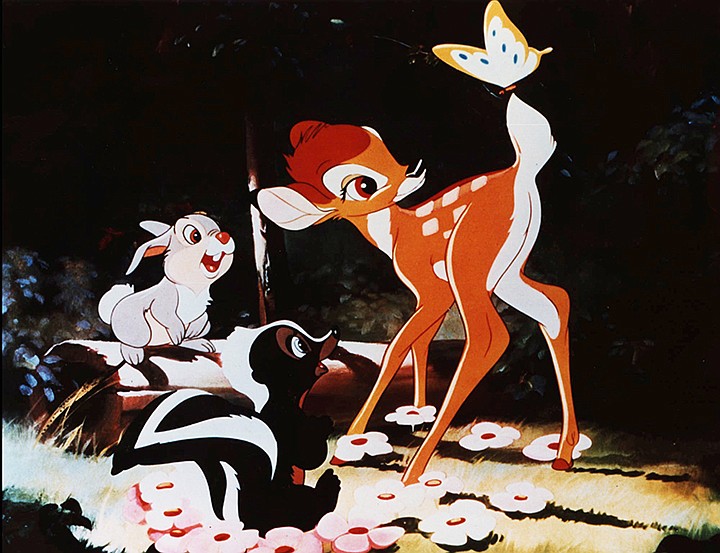 FILE--Bambi the fawn is shown with Thumper the rabbit and Flower the skunk in this scene from the 1942 classic animated Disney film, Bambi. The 9th U.S. Circuit Court of Appeals ruled Monday, May 20, 1996, that the daughter of Felix Salten, the Austrian author of the 1923 children's tale ``Bambi, A Life in the Woods,'' owned Salten's U.S. copyright and renewed it before it expired in 1954. The ruling allows a book company that now owns the rights to sue the Walt Disney Co. (AP Photo/Walt Disney Co.)