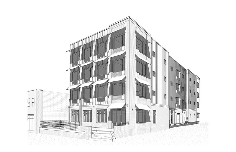 This rendering shows a design for a new four-story apartment and retail building space that would be located at M.L. King and Douglas Street.