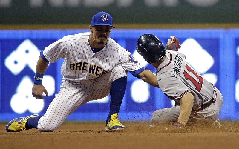 The Milwaukee Brewers' Tyler Saladino, left, tags out the Atlanta Braves' Ender Inciarte as he tries to steal second base during Friday's game in Milwaukee. The Braves lost three of four in their series with their Brewers to finish a challenging road trip 5-5.