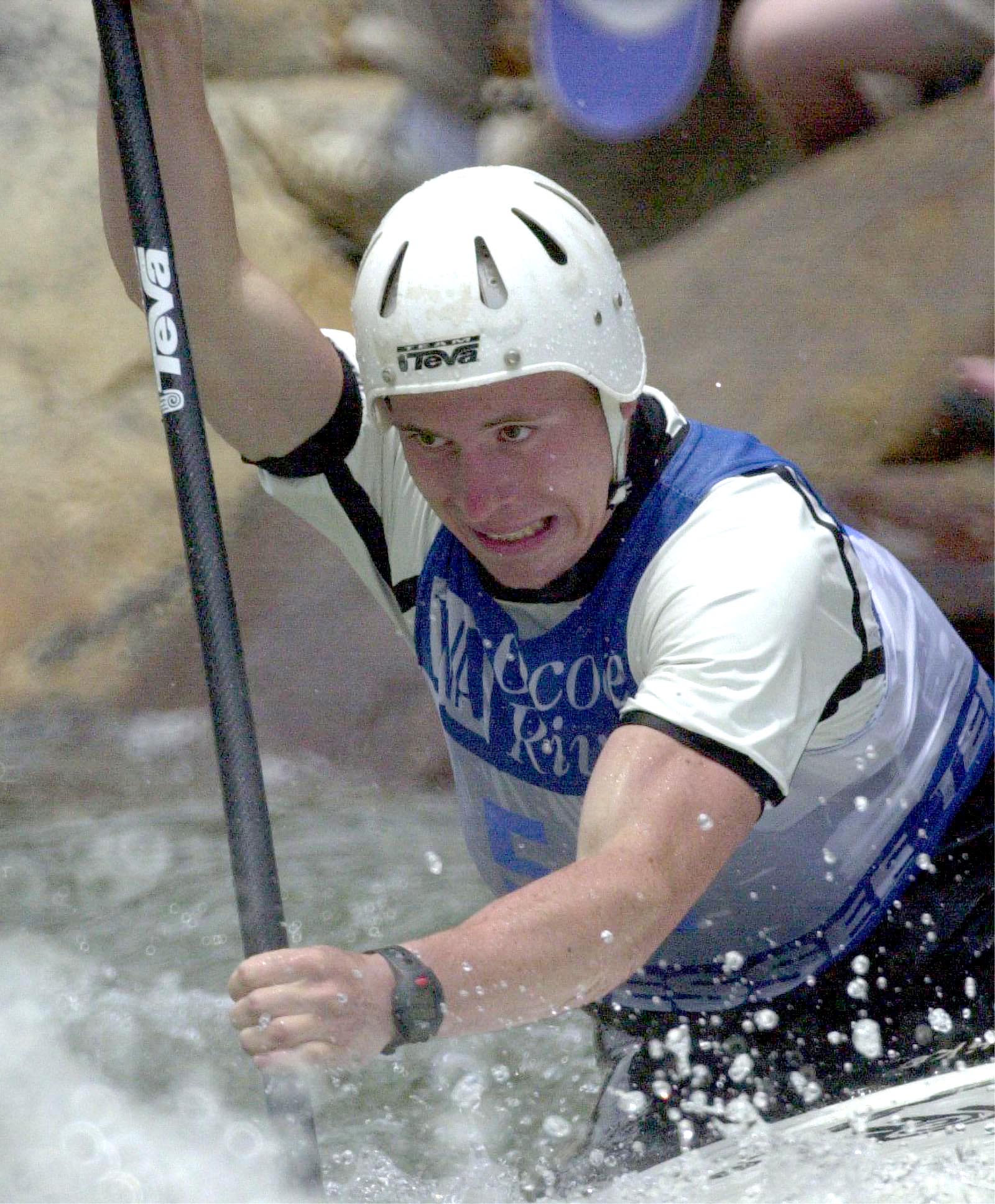 Christian Bahmann of Germany strains to pass through a gate during the finals of the 2000 Ocoee World Cup Men's 1-Person Canoe comptetion Sunday afternoon.