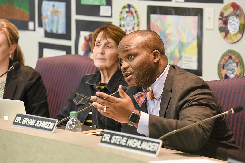 Hamilton County School Board Superintendent Dr. Bryan Johnson makes a point during a discussion on a matter involving safety earlier this year.