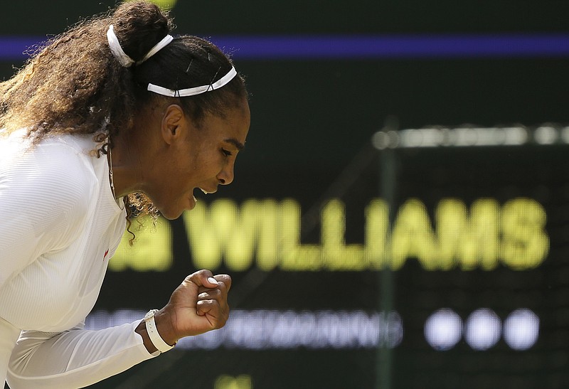 
              Serena Williams of the United States celebrates winning a point during her women's singles match against Russia's Evgeniya Rodina, on day seven of the Wimbledon Tennis Championships, in London, Monday July 9, 2018. (AP Photo/Tim Ireland)
            