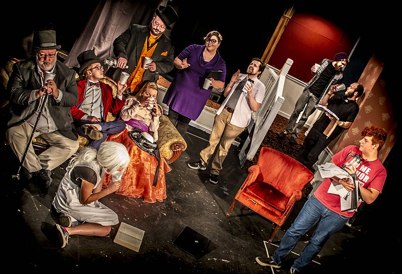 Standing, in back, from left, are Greg Guinn as the villain actor, Kelsey Jordan as the playwright, Dillon Hartley as the director, Gavin Russell as the techie, Zachery Green, as the stage manager and Jack Pressley as the intern. Seated, from left, are Michael Tate, Keegan Westra, Sarah Lee and Madeline Cepeda (on floor). (Photo Contributed from Emily Miller)