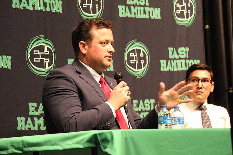 Republican candidate Jonathon Mason addresses residents during a debate at East Hamilton Middle High School on Monday, July 9. Mason is running for the Tennessee House District 30 seat, which represents East Brainerd, East Ridge, Apison, Missionary Ridge, Westview, East Lake, parts of Collegedale, parts of Brainerd, parts of Concord, parts of Ooltewah, and Ridgedale. (Contributed photo by Dalton Temple)