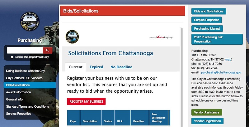 This screen shot shows the city of Chattanooga's bids and solicitations webpage for companies looking to do business with the city. On Tuesday, the consultants selected to study whether small and minority-owned businesses are able to compete for city business briefed Chattanooga council members on how they will do the work if they get the contract.