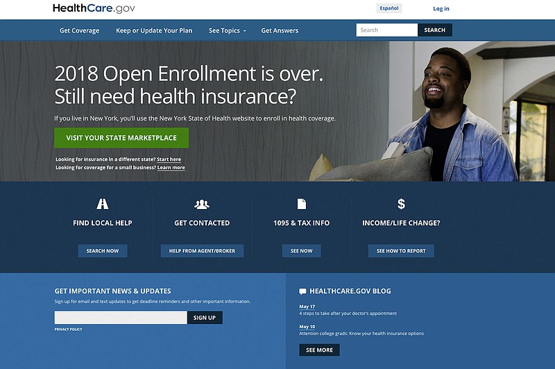 This May 21, 2018 image shows the main page of the healthcare.gov website in Washington. On Wednesday, June 13, 2018, two independent experts said that the Trump administration appears to be taking aim at provisions of the Affordable Care Act that protect people in employer plans, not just those consumers who buy a policy directly from an insurer. The new position was outlined a week earlier in a legal brief the Justice Department filed in a Texas case challenging the health law. (HealthCare.gov via AP)