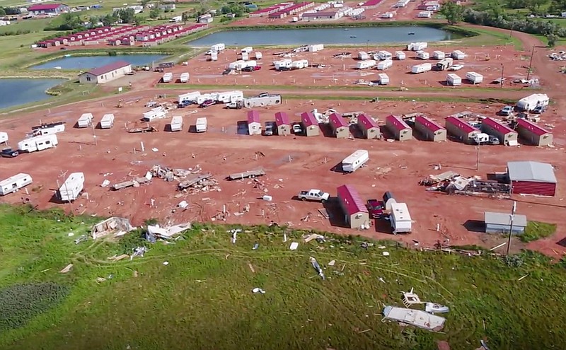 This aerial image from video, shot with a drone provided by HRI Aerial Imaging, shows damage at an RV park Tuesday, July 10, 2018, in Watford City, N.D., after a violent storm whipped through the northwestern North Dakota city overnight.