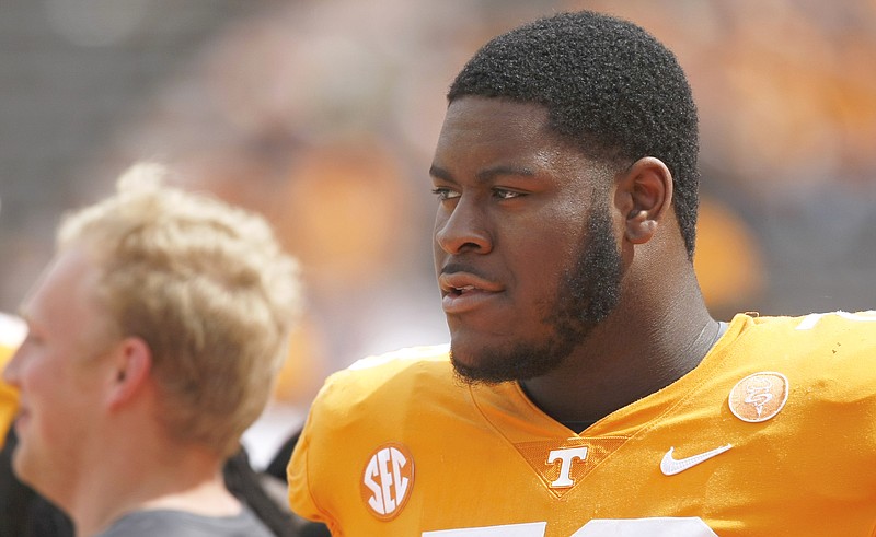 Tennessee offensive lineman Trey Smith stands on the sideline during the Orange and White spring game on April 21 at Neyland Stadium in Knoxville.