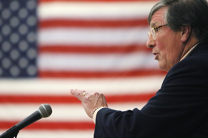 Staff photo by Erin O. Smith / Craig Fitzhugh speaks at an April rally in Grundy County.