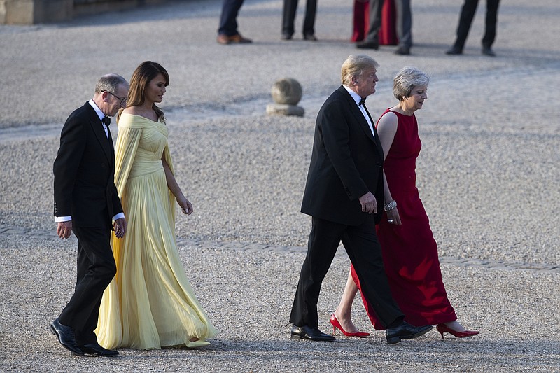 President Donald Trump, British Prime Minister Theresa May, front and first lady Melania Trump, and May's husband Philip May, arrive at Blenheim Palace, in Blenheim west of London, England, Thursday, July 12, 2018. (Will Oliver/Pool Photo via AP)