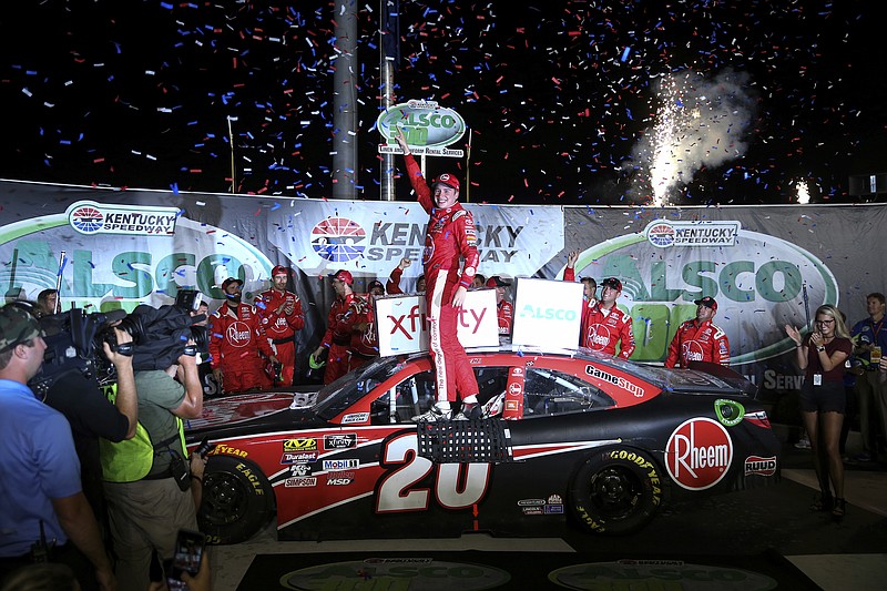 Christopher Bell celebrates in victory lane at Kentucky Speedway after winning the NASCAR Xfinity Series race Friday night in Sparta, Ky. Bell came from the back of the field to earn his second victory of the season.