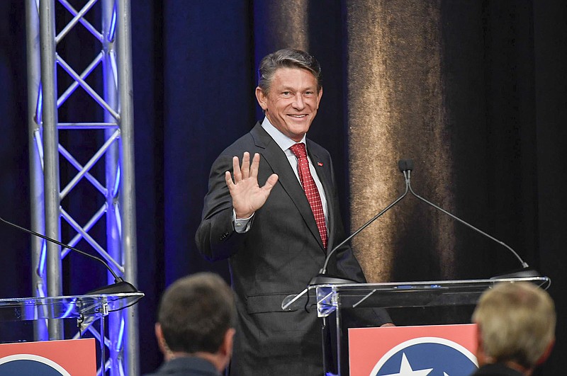 Republican GOP Candidate Randy Boyd is introduced to the crowd for the debate series at the Pope John Paul II High School in Hendersonville, Tenn., Wednesday, June 20, 2018. (Lacy Atkins/The Tennessean via AP)