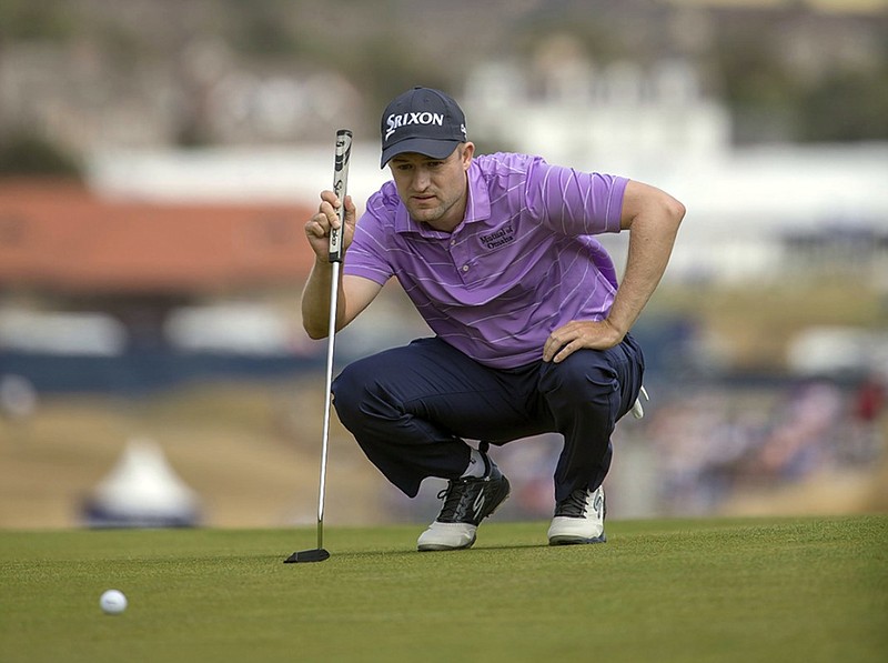 Russell Knox lines up a birdie putt on the first hole at Gullane Golf Club during Saturday's third round of the Scottish Open. Knox shot a 4-under 66 and was two shots behind 54-hole leader Jens Dantorp.