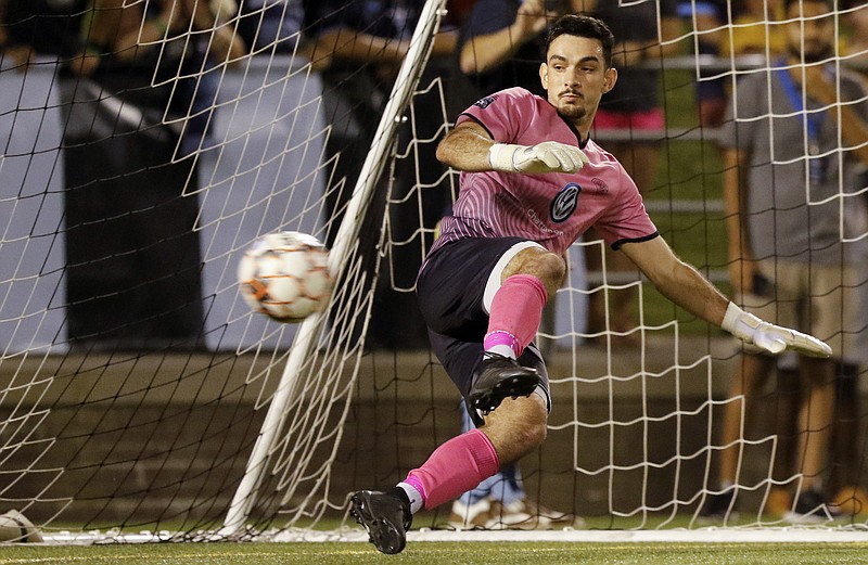 Chattanooga Football Club keeper Philip D'Amico watches as a penalty kick goes by him in the shootout with the Atlanta Silverbacks to decide the National Premier Soccer League Southeast Conference title on July 14, 2018, at Finley Stadium. / Staff photo by C.B. Schmelter