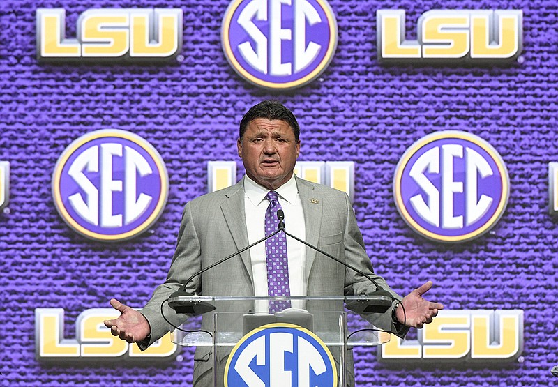 LSU football coach Ed Orgeron speaks during SEC football media days this past summer in Atlanta.