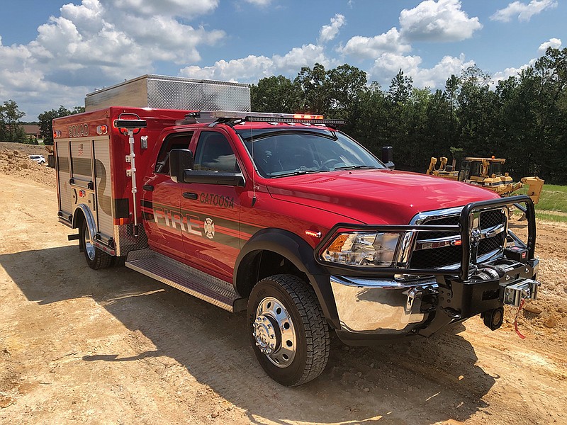 One of Catoosa County's new quick-response vehicles sits just off Evitt Lane in Ringgold after arriving on the scene of an overturned dump truck. The vehicles are Dodge Chassis cabs with a utility box on the back that carries first aid equipment and other supplies. (Contributed photo)