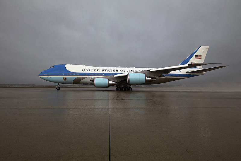 In this April 6, 2017 file photo, Air Force One, with President Donald Trump aboard, departs from Andrews Air Force Base, Md., en route to Mar-a-Largo, in Palm Beach, Fla., for a meeting with Chinese President Xi Jinping. Trump says Air Force One is getting a patriotic makeover. Trump says the familiar baby blue color on current models of the presidential aircraft will give way to red-white-and-blue coloring on updated models that could be in service in time for a potential second term. ( AP Photo/Jose Luis Magana)