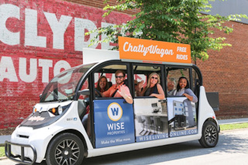 Alex Tyler, one of the founders of ChattyWagon in downtown Chattanooga and student at the University of Tennessee at Chattanooga, drives around members of the Chattanooga Convention and Visitors Bureau in a low-speed, electric vehicle made by Polaris. ChattyWagon offers free rides for locals and tourists in downtown Chattanooga every Thursday-Saturday night. (Contributed photo)